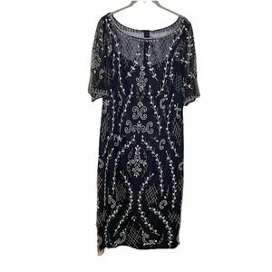 Adrianna Papell Navy Blue 1/2 Sleeve Beaded Sequin Sheath Dress Knee Length 14